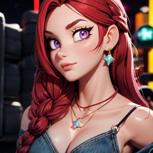 (detailed hyper-realistic face: 1.2), (facing viewer: 1.2),(wears resin jewelry on neck and wrist), (front view), centered, upper body, award-winning frontal photography, masterpiece,
  | (arms resting on her waist), (beautiful detailed eyes and beautiful body: 1.2), braided hairstyle, (peri red hair color), (light purple eyes), (red tube top), abdomen, belly button, jeans low leg,
| sunset, bokeh, depth of field, | urban street city | starry sky, vaporwave color scheme, (saturated colors: 1.2), 3DMM