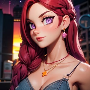 (detailed hyper-realistic face: 1.2), (facing viewer: 1.2),(wears resin jewelry on neck and wrist), (front view), centered, upper body, award-winning frontal photography, masterpiece,
  | (arms resting on her waist), (beautiful detailed eyes and beautiful body: 1.2), braided hairstyle, (peri red hair color), (light purple eyes), (red tube top), abdomen, belly button, jeans low leg,
| sunset, bokeh, depth of field, | urban street city | starry sky, vaporwave color scheme, (saturated colors: 1.2), 3DMM