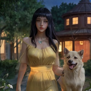 (masterpiece, best quality: 1.5), South American woman with brown hair, long beautiful hair, ((resin jewel)), pink and yellow clothes, walking a dog, walking a dog in the garden and light blue, mix elements realistic and fantastic, vibrant manga, uhd image, glassy translucency, vibrant artwork, ultra realistic, long hair, long beautiful hair, portrait, forest, firefly, bokeh, mysterious, night, sky, cloud, eye detail, beautiful eyes, light in the eyes,
  whole body by the Garden in the afternoon be rays of sun