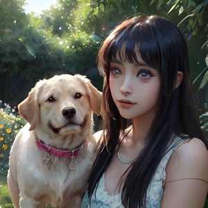 (masterpiece, best quality: 1.5), South American woman with brown hair, long beautiful hair, ((resin jewel)), pink and yellow clothes, walking a dog, walking a dog in the garden and light blue, mix elements realistic and fantastic, vibrant manga, uhd image, glassy translucency, vibrant artwork, ultra realistic, long hair, long beautiful hair, portrait, forest, firefly, bokeh, mysterious, night, sky, cloud, eye detail, beautiful eyes, light in the eyes,
  whole body by the Garden in the afternoon be rays of sun