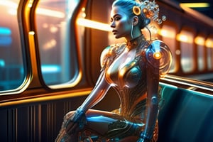 anatomically correct a bio mechanical cyborg girl with body made of glass, (detailed face,sitting on train),transparent body, ,glass texture, glass, soft bright background, shine, subsurface scattering, transparent, glow, bloom, jellyfish, coral, Bioluminescent liquid, volumetric light, tube, 3d style,cyborg style,Movie Still,Leonardo Style, realistic photo, high_resolution,8k, blurred_background, cowboy_position, full_body,HZ Steampunk