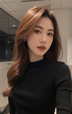 photorealistic, Indonesian Girl, 24 years old, selfie shoot, full body view, best quality, 1girl, solo, long hair, brown hair, detailed facial features, (alluring face), wearing black tshirt, longsleeve, {busty}, dynamic random pose, looking at viewer, fine detail, an extremely delicate and beautiful, office room.,(masterpiece:1.3), (8k, photorealistic, RAW photo, best quality: 1.4), (1girl), beautiful face, (realistic face), beautiful hairstyle, realistic eyes, beautiful detailed eyes, (realistic skin), beautiful skin, clean skin, ultra high res, ultra realistic, hightly detailed, golden ratio