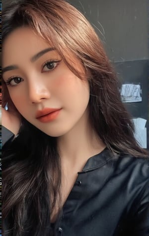 photorealistic, Indonesian Girl, 24 years old, selfie shoot, full body view, best quality, 1girl, solo, long hair, dark brown hair, detailed facial features, (alluring face), wearing satin black satin shirt, longsleeve, {busty}, dynamic random pose, looking at viewer, fine detail, an extremely delicate and beautiful, office room.,(masterpiece:1.3), (8k, photorealistic, RAW photo, best quality: 1.4), (1girl), beautiful face, (realistic face), realistic eyes, beautiful detailed eyes, (realistic skin), beautiful skin, clean skin, ultra high res, ultra realistic, hightly detailed, natural makeup