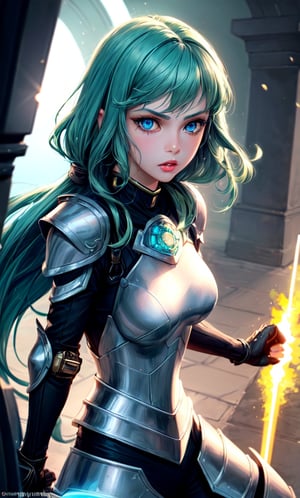 1girl, blue and green hair, detailed face, detailed and blue eyes, beautiful style, detailed lips, clenched fists, futuristic armor.
Masterpiece. (background_submarine temple detailed ), (extremely delicate and beautiful best lighting), dynamic pose, holding  glow shield and glow sword, american point of view sun particles 150%