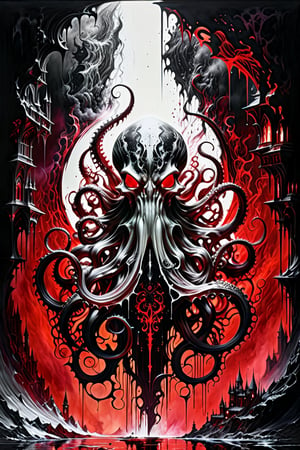 Ultra-wide-angle, photorealistic medieval gothic shot of an exciting fusion between Spawn and a terminator octopus, resulting in a new character that embodies elements of both, people, see. Black and white Ink Flow - 8k Resolution Photorealistic Masterpiece - by Aaron Horkey and Jeremy Mann - Intricately Detailed. fluid gouache painting: by Jean Baptiste Mongue: calligraphy: acrylic: colorful watercolor, cinematic lighting, maximalist photoillustration: by marton bobzert: 8k resolution concept art, intricately detailed realism, complex, elegant, expansive, fantastical and psychedelic, dripping paint , in the chasm of the empire estate, night, blood moon, buildings, reflections