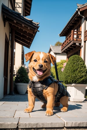 Cute dog, wearing samurai armor, realistic,detailed, balcony background, beautiful image,4k,brown_eyes, white-brown color, puppy, happy