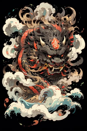 A beautifully drawn (((vintage t-shirt print))), featuring intricate ((retro-inspired typography)) encircling a (((sumi-e ink illustration))) depicting monster, integrating elements of Japanese calligraphy and beast fighting with black back ground
