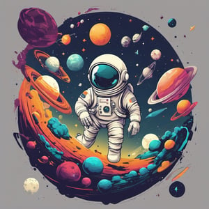 Create a t-shirt design that combines space exploration with a touch of whimsy. Think about astronauts riding on the backs of friendly alien creatures or floating among colorful planets.