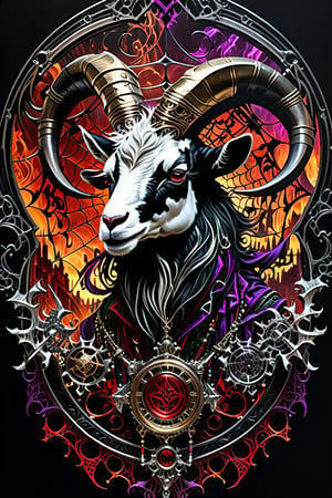 Ultra-wide-angle, photorealistic medieval gothic steam punk shot of an exciting fusion between Spawn and (( animal ram,goat)) in a new character that embodies elements of both, (((spiderwebs))), silver mechanical gears in the background, people, see. Black and multi colored, ink Flow - 8k Resolution Photorealistic Masterpiece - by Aaron Horkey and Jeremy Mann - Intricately Detailed. fluid gouache painting: by Jean Baptiste Mongue: calligraphy: acrylic: colorful watercolor, cinematic lighting, maximalist photoillustration: by marton bobzert: 8k resolution concept art, intricately detailed realism, complex, elegant, expansive, fantastical and psychedelic, dripping paint , in the chasm of the empire estate, night, the moon, buildings, reflections, wings, and other elements need to stay in frame,(isolate object)