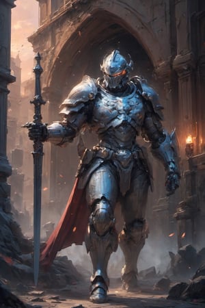   In the heart of a mythical kingdom, a knight dons a resplendent suit of armor that embodies both strength and elegance. The armor is adorned with intricate patterns and glowing runes, giving it an ethereal glow. The knight, wielding a sword that seems to shimmer with magic, stands against a backdrop of an ancient castle bathed in the warm hues of a setting sun. The environment exudes a timeless beauty, with cobbled pathways and towering spires creating a sense of history and grandeur. The mood is one of solemnity and honor, as the knight guards the entrance to the majestic castle