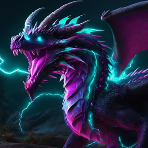 realistic, dark Dragon, desolate, intricately detailed, artistic magenta lightning, cyan horns, glowing eyes, lime wings, full body, particles, beautiful, amazing, highly detailed, digital art, sharp focus, trending on art station,