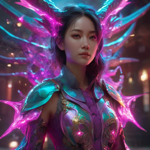 realistic, half girl half Dragon, desolate, intricately detailed, artistic magenta lightning, cyan horns, eyes(glowing:1.1), detailed hair, two wings in back, full body, scale armor, neon colors, particles, beautiful, amazing, cinematic, highly detailed face, highly detailed, digital art, sharp focus, trending on art station,xxmix girl woman,SteelHeartQuiron character,arcane