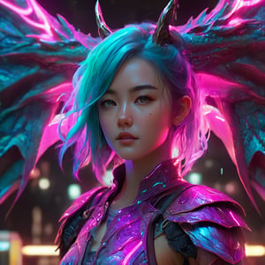 realistic, half girl half Dragon, desolate, intricately detailed, artistic magenta lightning, cyan horns, eyes(glowing:1.1), detailed hair, two wings in her back, full body, scale armor, neon colors, particles, beautiful, amazing, cinematic, highly detailed, digital art, sharp focus, trending on art station,xxmix girl woman,SteelHeartQuiron character