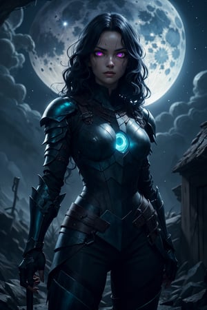 A sultry warrior with cyan wavy hair, her hypnotic glowing eyes piercing through the darkness, her black armor glistening in the moonlight,, ready to strike.