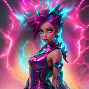 realistic, half girl half Dragon, desolate, intricately detailed, artistic magenta lightning, cyan horns, eyes(glowing:1.1), detailed hair, two wings in back, full body, scale armor, neon colors, particles, beautiful, amazing, cinematic, highly detailed face, highly detailed, digital art, sharp focus, trending on art station,xxmix girl woman,SteelHeartQuiron character,arcane