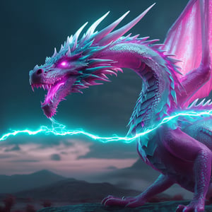 realistic, white Dragon, desolate, intricately detailed, artistic magenta lightning, cyan horns, glowing eyes, two wings, full body, particles, beautiful, amazing, cinematic, highly detailed, digital art, sharp focus, trending on art station,