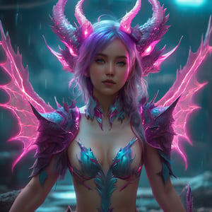 realistic, light Dragon, desolate, intricately detailed, artistic magenta lightning, cyan horns, glowing eyes, two wings, full body, particles, beautiful, amazing, cinematic, highly detailed, digital art, sharp focus, trending on art station,xxmix girl woman