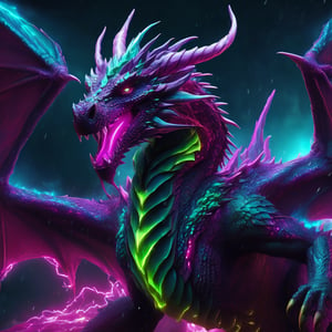 realistic, dark Dragon, desolate, intricately detailed, artistic magenta lightning, cyan horns, glowing eyes, lime wings, full body, particles, beautiful, amazing, highly detailed, digital art, sharp focus, trending on art station,