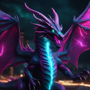 realistic, dark Dragon, desolate, intricately detailed, artistic magenta lightning, cyan horns, glowing eyes, four wings, full body, particles, beautiful, amazing, cinematic, highly detailed, digital art, sharp focus, trending on art station,