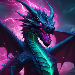 realistic, dark Dragon, desolate, intricately detailed, artistic magenta lightning, cyan horns, glowing eyes, lime wings, particles, beautiful, amazing, highly detailed, digital art, sharp focus, trending on art station,