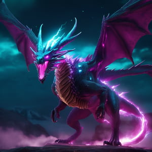 realistic, light Dragon, desolate, intricately detailed, artistic magenta lightning, cyan horns, glowing eyes, two wings, full body, particles, beautiful, amazing, cinematic, highly detailed, digital art, sharp focus, trending on art station,