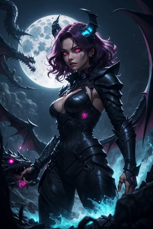 A sultry warrior with magenta wavy hair, her hypnotic cyan glowing eyes piercing through the darkness, her black armor glistening in the moonlight, a black dragon looming behind her, ready to strike.