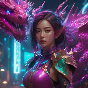 realistic, half girl half Dragon, desolate, intricately detailed, artistic magenta lightning, cyan horns, eyes(glowing:1.1), detailed hair, two wings in back, full body, scale armor, neon colors, particles, beautiful, amazing, cinematic, highly detailed face, highly detailed, digital art, sharp focus, trending on art station,xxmix girl woman,SteelHeartQuiron character,arcane