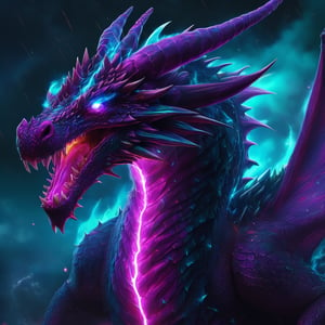 realistic, dark Dragon, desolate, intricately detailed, artistic magenta lightning, cyan horns, glowing eyes, lime fire, particles, beautiful, amazing, highly detailed, digital art, sharp focus, trending on art station,