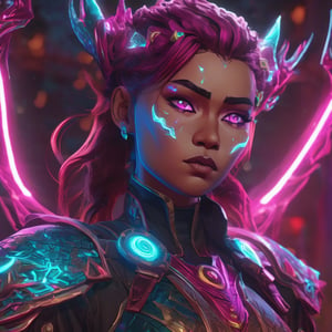 realistic, half girl half Dragon, desolate, intricately detailed, artistic magenta lightning, cyan horns, eyes(glowing:1.1), detailed hair, two wings in back, full body, scale armor, neon colors, particles, beautiful, amazing, cinematic, highly detailed face, highly detailed, digital art, sharp focus, trending on art station,xxmix girl woman,SteelHeartQuiron character,arcane