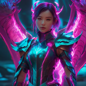 realistic, half girl half Dragon, desolate, intricately detailed, artistic magenta lightning, cyan horns, eyes(glowing:1.1), detailed hair, two wings background, full body, scale armor, neon colors, particles, beautiful, amazing, cinematic, highly detailed, digital art, sharp focus, trending on art station,xxmix girl woman,SteelHeartQuiron character