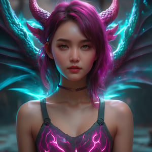 realistic, half girl half Dragon, desolate, intricately detailed, artistic magenta lightning, cyan horns, glowing eyes, two wings, full body, particles, beautiful, amazing, cinematic, highly detailed, digital art, sharp focus, trending on art station,xxmix girl woman