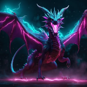 realistic, light Dragon, desolate, intricately detailed, artistic magenta lightning, cyan horns, glowing eyes, two wings, full body, particles, beautiful, amazing, cinematic, highly detailed, digital art, sharp focus, trending on art station,