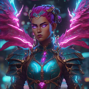 realistic, half girl half Dragon, desolate, intricately detailed, artistic magenta lightning, cyan horns, eyes(glowing:1.1), detailed hair, two wings in back, full body, scale armor, neon colors, particles, beautiful, amazing, cinematic, highly detailed face, highly detailed, digital art, sharp focus, trending on art station,xxmix girl woman,SteelHeartQuiron character,arcane