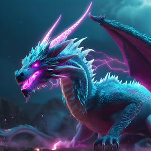 realistic, white Dragon, desolate, intricately detailed, artistic magenta lightning, cyan horns, glowing eyes, two wings, full body, particles, beautiful, amazing, cinematic, highly detailed, digital art, sharp focus, trending on art station,