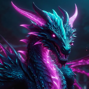 realistic, dark Dragon, desolate, intricately detailed, artistic magenta lightning, cyan horns, glowing eyes, four wings, full body, particles, beautiful, amazing, cinematic, highly detailed, digital art, sharp focus, trending on art station,