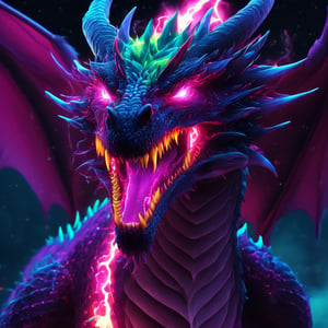 realistic, dark Dragon, desolate, intricately detailed, artistic magenta lightning, cyan horns, glowing eyes, lime fire, particles, beautiful, amazing, highly detailed, digital art, sharp focus, trending on art station,