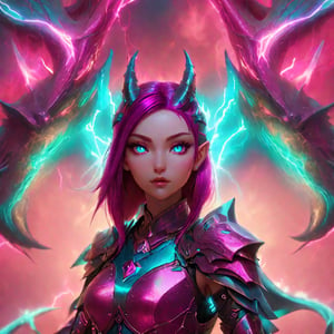 realistic, half girl half Dragon, desolate, intricately detailed, artistic magenta lightning, cyan horns, eyes(glowing:1.1), detailed hair, two wings in back, full body, scale armor, neon colors, particles, beautiful, amazing, cinematic, highly detailed face, highly detailed, digital art, sharp focus, trending on art station,xxmix girl woman,SteelHeartQuiron character,arcane