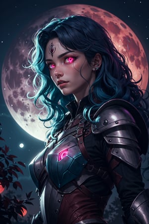 A warrior with cyan wavy hair, her hypnotic glowing eyes piercing through the darkness, her magenta armor glistening in the moonlight, red moon, full scale armor, two moons