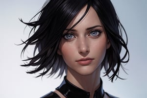 (photorealistic:1.5), closed mouth, realistic skin, black dress, short hair, perfect face, detailed pupil, gray eye:1.0, glowing eye:0.5,bright eye:1.0, half body, black haired, solo, standing,Detailedface,white hair,short hair