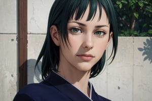 (photorealistic:1.5), closed mouth, realistic skin, blue dress, detailed pupil,  , green haired, solo, standing,Detailedface,,zenin_maki