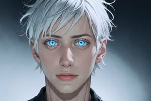 (photorealistic:1.5), closed mouth, realistic skin, black dress, short hair, perfect face, detailed pupil, blue eye:1.0, glowing eye:0.5,bright eye:1.0, half body, white haired, solo, standing,Detailedface,satoru gojo,white hair,blue eyes,short hair