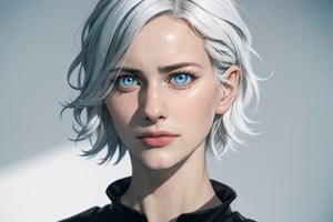 (photorealistic:1.5), closed mouth, realistic skin, black dress, short hair, perfect face, detailed pupil, blue eye, bright eye, half body, white haired, small chest, solo, standing,Detailedface,1 girl,satoru gojo,white hair,blue eyes,short hair