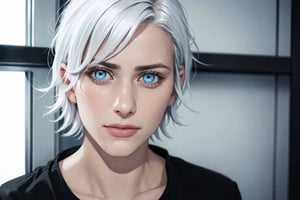 (photorealistic:1.5), closed mouth, realistic skin, black dress, short hair, perfect face, detailed pupil, blue eye, bright eye, half body, white haired, small chest, solo, standing,Detailedface,1 girl,satoru gojo,white hair,blue eyes,short hair