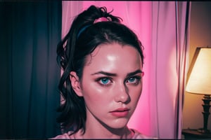 (photorealistic:1.5)a woman is in the room on a tv with pink light, in the style of haunting portraits, ren hang, mirror, dark cyan and dark blue, dollcore, constantin brancusi, instax