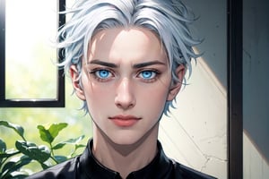 (photorealistic:1.5), closed mouth, realistic skin, black dress, short hair, perfect face, detailed pupil, blue eye, bright eye, half body, white haired, solo, standing,Detailedface,satoru gojo,white hair,blue eyes,short hair