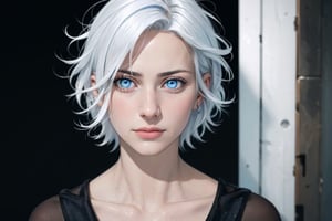 (photorealistic:1.5), closed mouth, realistic skin, black dress, short hair, perfect face, detailed pupil, blue eye, bright eye, half body, white haired, small chest, solo, standing,Detailedface,1 girl,satoru gojo,white hair,blue eyes,short hair