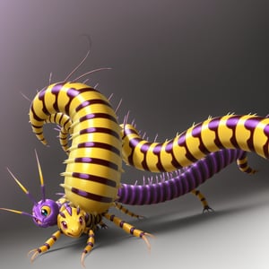 Yellow-clawed centipede with a purple-colored back. Its appearance is imposing and majestic, with fur that showcases a vibrant yellow color on its claws. The purple-colored back gives it a mysterious and attractive touch. Its body is adorned with yellow stripes that stand out against the purple tone of its back. solo, looking at viewer, masterpiece, best quality, photorealistic, hyperrealistic, ultradetailed, detailed background, photo background, digital drawing (artwork), stile pokemon, digimon 
