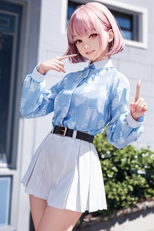 rika, pink haired,red eyes, round eyes,Height 165cm　,18yaers old　,(30D:1),　Realistic,bob cut,round face, cute face,
(One index finger of the right hand held up and shown in front:1.2),
(One index finger of the left hand held up and shown in front of you:1.2),
Long sleeves with blue boater pattern,
Short white flared skirt,
High socks,
Smile,
