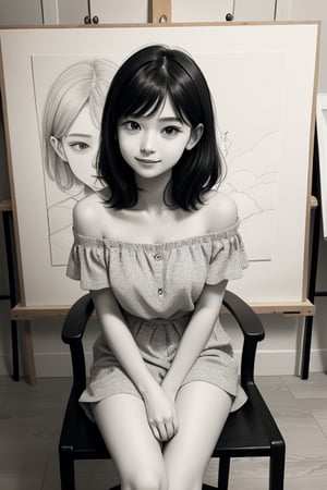 black-and-white　girl No color　kawaii　Drawing with a pencil　Delicate paintings　Light and dark are clear　Art Room　Sitting alone in a chair　Towards the canvas　,cute face, perfect face, open shoulder,