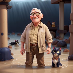 disney pixar style of an old man wearing navy jacket, beige shirt, brown pants, leather belt, holding a black and white cat, submerged in a flood at town